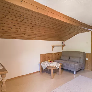 A cozy living space with a sofa and a television. The walls are made of wood, and there is a window front that lets in plenty of daylight.