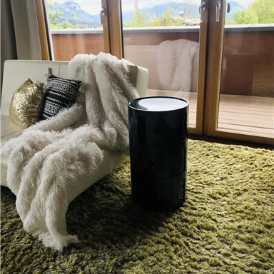 Ein modernes Wohnzimmer mit einem weißen Sofa, einer kuscheligen Decke und einem schwarzen Beistelltisch. Große Fenster bieten einen Blick auf die Natur im Hintergrund.