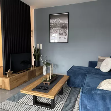 A modern living room with a blue sofa and a wooden table. A picture hangs on the wall, and a black structure highlights the room.