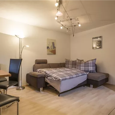 A modern apartment with a cozy sofa and a dining area. The room has bright walls and pleasant lighting.