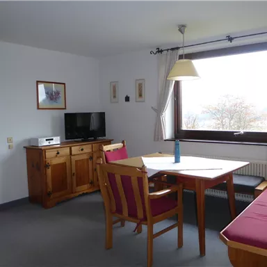 Ein gemütlicher Wohnraum mit einem Tisch, Stühlen und einem Fernseher. Das Fenster bietet einen Blick auf die Landschaft.
