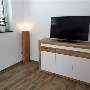A modern living area with a television on a wooden cabinet. Next to the cabinet stands an elegant floor lamp and a plant on the windowsill.