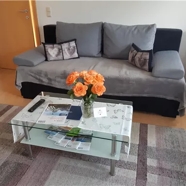 Ein modernes Wohnzimmer mit einem grauen Sofa und einem Glastisch. Auf dem Tisch steht eine Vase mit orangefarbenen Rosen.