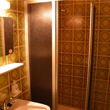A small bathroom with a shower and a sink. The walls are decorated with a green patterned tile style.
