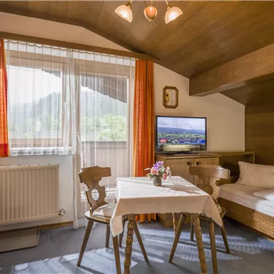 Ein gemütliches Zimmer mit Holzverkleidung und großem Fenster. Es gibt einen Tisch, Stühle und einen Fernseher, sowie ein Einzelbett.