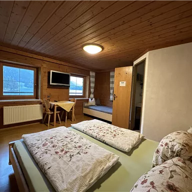 Ein gemütliches Zimmer mit Holzpaneelen und einem Doppelbett. Es gibt einen Tisch, einen Fernseher und große Fenster mit Blick nach draußen.