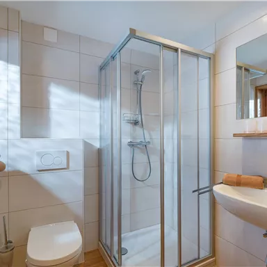 A modern bathroom with a shower, a sink, and a toilet. The walls are light-tiled and there are natural light sources.