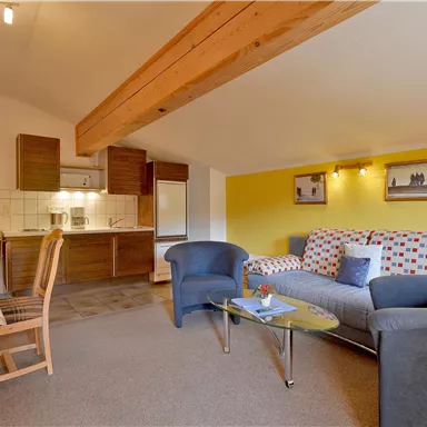 A cozy apartment with a bright living area. The furnishings consist of a sofa, a glass table, and a dining table with chairs.