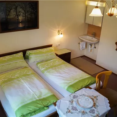 A cozy room with two single beds and green bedspreads. A small table with dishes and a well-lit atmosphere create an inviting ambiance.