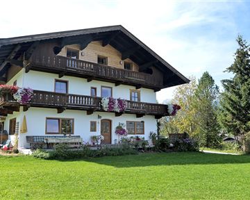 A charming two-story chalet with flowers on the balcony. In front of the house extends a green meadow and trees are visible in the background.