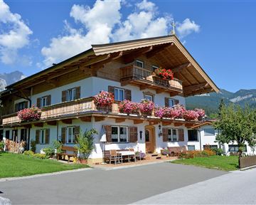 Ein charmantes Haus im alpinen Stil mit blühenden Balkonblumen. Die Umgebung ist grün, mit Bergen im Hintergrund und blauem Himmel.