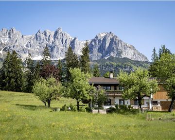 A picturesque landscape with green meadows and a charming accommodation. Majestic mountains rise in the background.