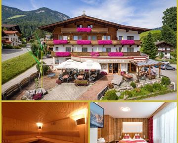 Ein charmantes Hotel in den Bergen mit blühenden Balkonen. Unten sind eine Sauna und ein gemütliches Zimmer zu sehen.