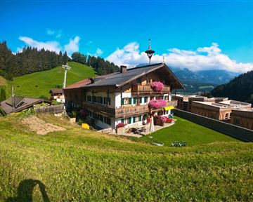Ein traditionelles Holzhaus in den Alpen mit bunten Blumen auf dem Balkon. Die umliegenden grünen Wiesen und Berge schaffen eine malerische Atmosphäre.