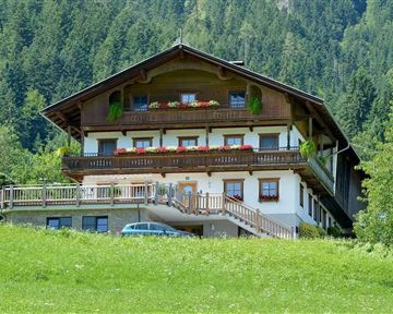 A charming alpine house surrounded by meadows and trees. The balconies are decorated with flowers, and the view of nature is stunning.
