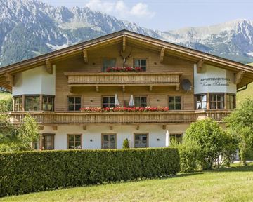 A beautiful wooden house with balconies and blooming flower boxes. The surroundings are surrounded by green meadows and mountains.