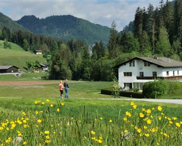 Eine malerische Landschaft mit grünen Wiesen und Bergen im Hintergrund. Zwei Personen stehen in der Nähe eines Hauses und genießen die Natur.