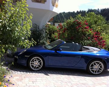 A blue sports car is parked on the paved path in front of a beautiful house. Surrounded by green plants and blooming flowers.