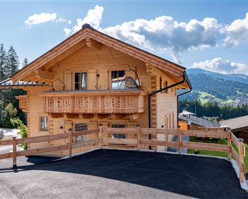 Ein traditionelles Chalet aus Holz in einer malerischen Berglandschaft. Die Umgebung ist grün mit schönen Bergen im Hintergrund.