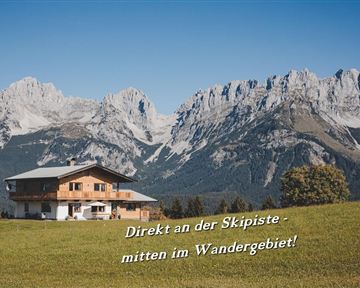 A cozy alpine inn amidst an impressive mountain landscape. The scene shows a green meadow with majestic mountains in the background.