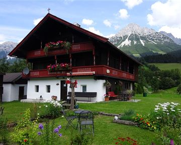 Ein traditionelles Alpenhaus mit roter Fassade und Blumenkästen. Im Hintergrund sind majestätische Berge und eine grüne Wiese zu sehen.